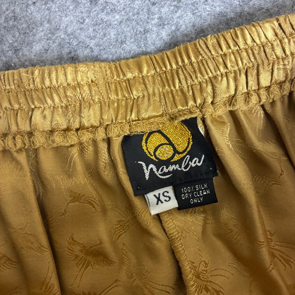 Vintage Anne Namba Size XS Gold Satin Crane Print Pants Elastic Waist - Picture 3 of 6